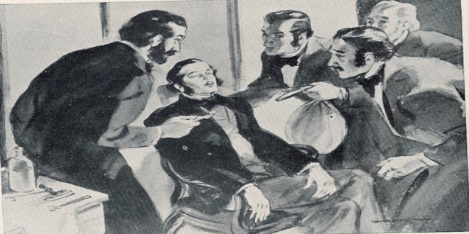 imagen antigua del primer paciente que uso el gas de la risa dentista